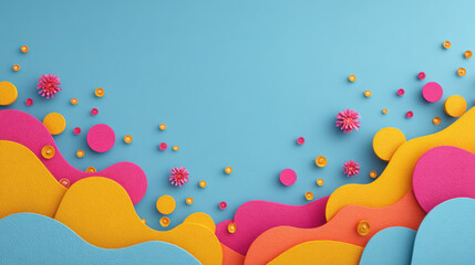 Fototapeta premium Bright abstract landscape with layered wavy shapes and floral elements in bold pink and yellow tones, playful modern design background.