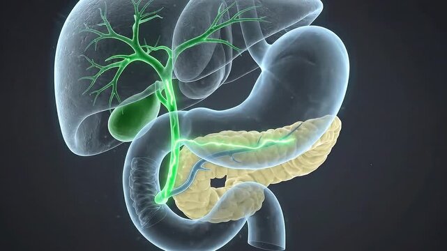 Gallbladder liver bile duct pancreas stomach duodenum anatomy medical illustration, digestive system anatomy showing translucent and transparent organs with green detail in medical illustration