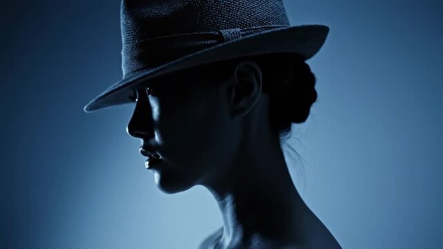 Dramatic moody portrait of a mysterious woman wearing a hat in low key cinematic lighting.