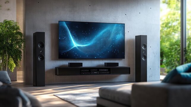 Sunlit modern living room with wall-mounted widescreen TV showing a blue digital wave, two tall black floor speakers, floating media console, sofa and plant, calm immersive atmosphere