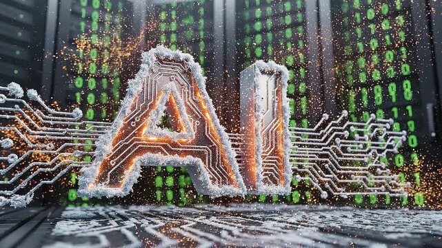 Glowing artificial intelligence logo with digital circuitry and data particles in server room