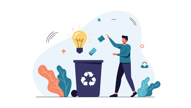 Conscious individual throws old ideas represented by a lightbulb into a recycling bin to promote sustainable thinking and green innovation.