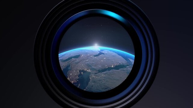 Creative view of Earth seen through camera lens frame with glowing horizon and space Deep Space Stars cinematic transitions, space , educational content, futuristic visuals, and global storytelling