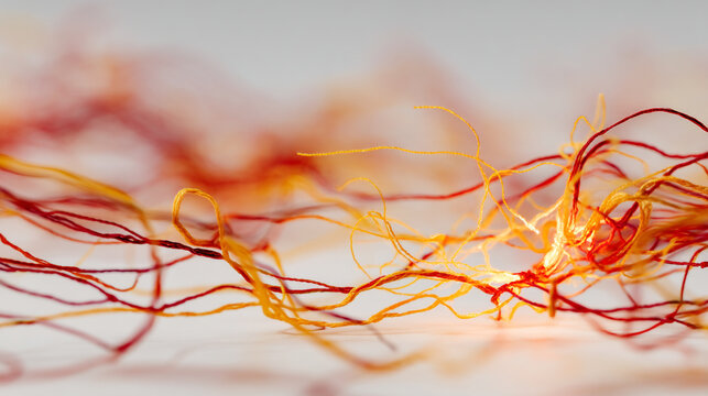 Close up view of organic saffron stigmas showing intricate red and orange thread textures