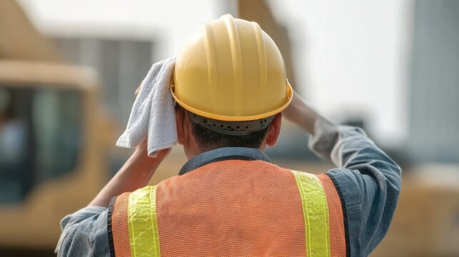 Close-up View of Construction Worker Wiping Sweat with Towel Under Bright Sunlight