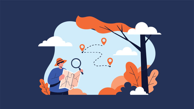 Explorer wearing a hat and using a magnifying glass to study a paper map while planning a hiking route in the woods.