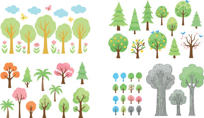 Flat tree collection set with various seasonal forest plants including cartoon trees nature elements isolated vector illustration bundle © Rumi