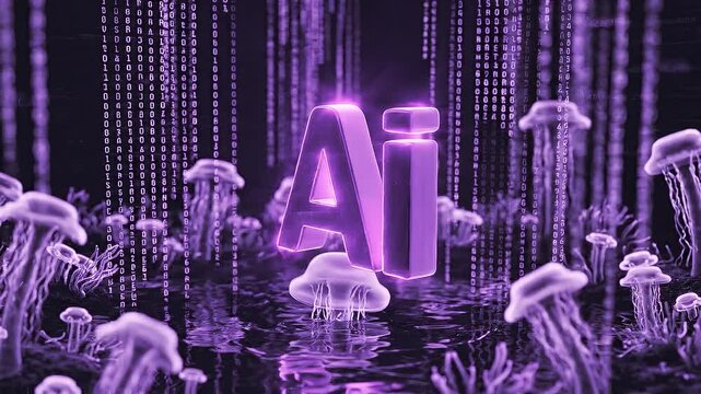 Futuristic ai logo in purple glow with floating jellyfish in a digital underwater scene isometric