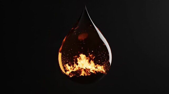 Conceptual image of a fire explosion inside an oil drop representing energy crisis and global fuel conflict.