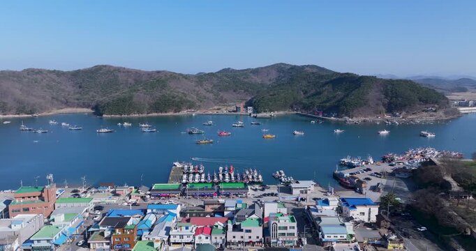 Aerial Drone Footage of Peaceful Ocheon Port and Chungcheong Suyeongseong Fortress, Boryeong, South Korea