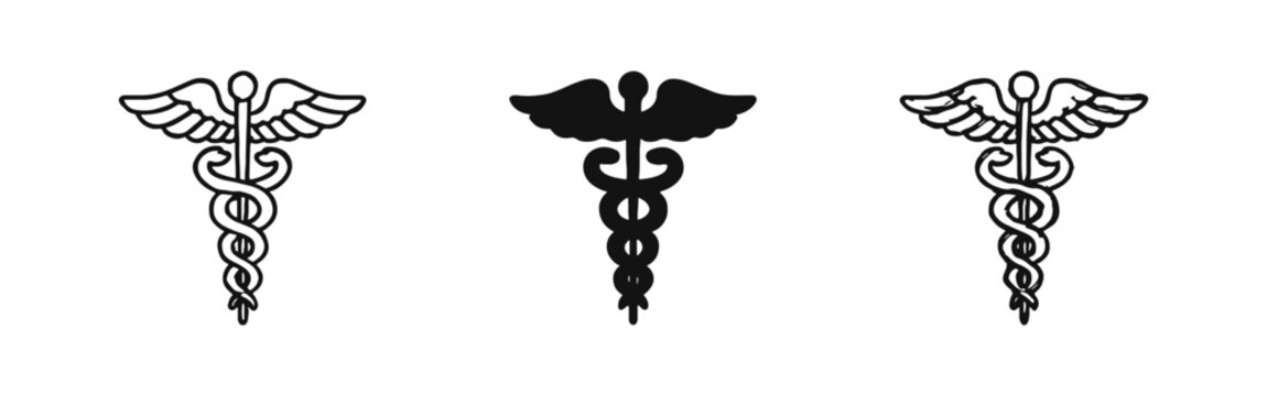 Caduceus medical symbol icon set with snakes and wings representing healthcare and medicine