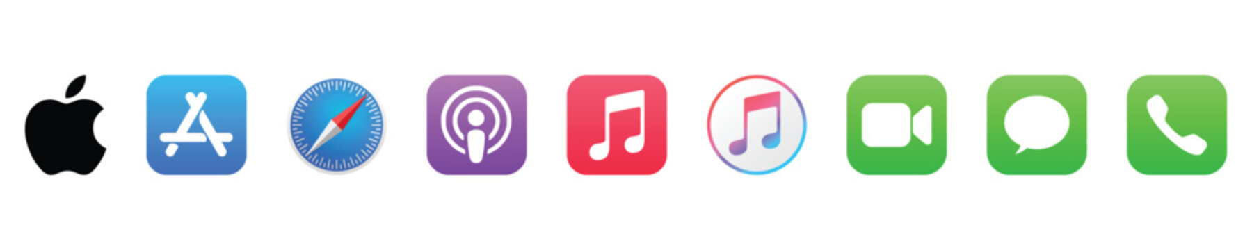 Collection of Apple application icons including Apple logo, App Store, Safari, Podcasts, Music, FaceTime, Messages and Phone
