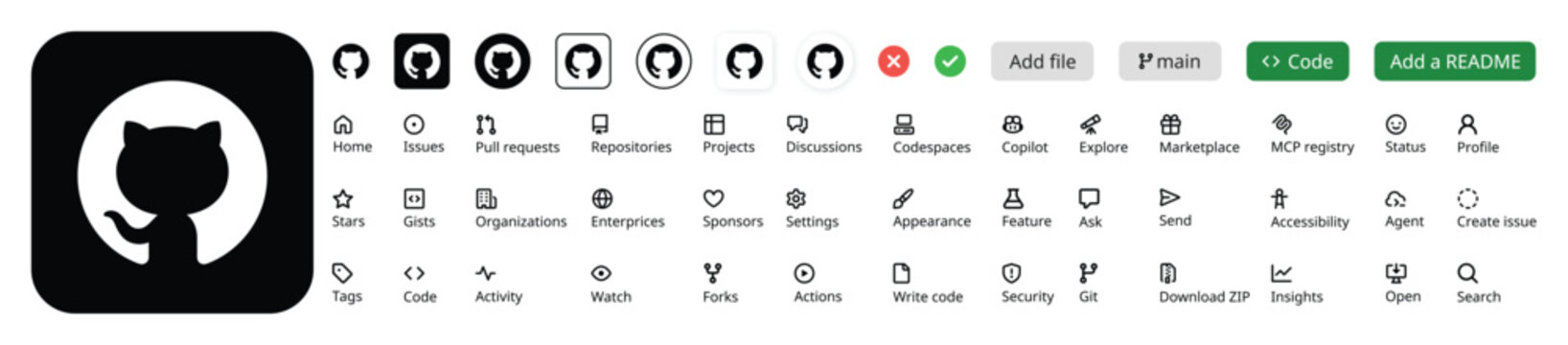 GitHub icons and interface elements vector illustration in black and white