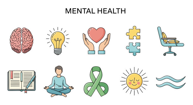 Row of ten distinct icons related to mental wellness including a brain lightbulb hands holding a heart puzzle pieces and an office chair