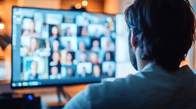 man seen from behind watching a large computer monitor filled with blurred video call participants, focused and slightly isolated in a dim warm home office