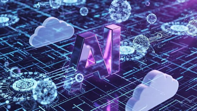 Isometric ai logo animation with glowing digital cloud data networks in purple neon studio light