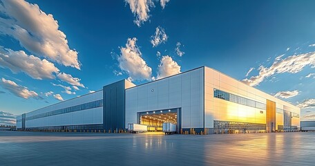 Obraz premium Expansive modern distribution warehouse with loading trucks at sunset under dramatic clouds, calm and efficient atmosphere