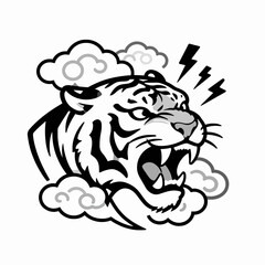 Fototapeta premium Stunning Flat Vector Illustration of a Single Roaring Tiger Head with Traditional Japanese Clouds and Lightning, Bold Neo-Traditional Tattoo Style Graphic, Isolated on White Background