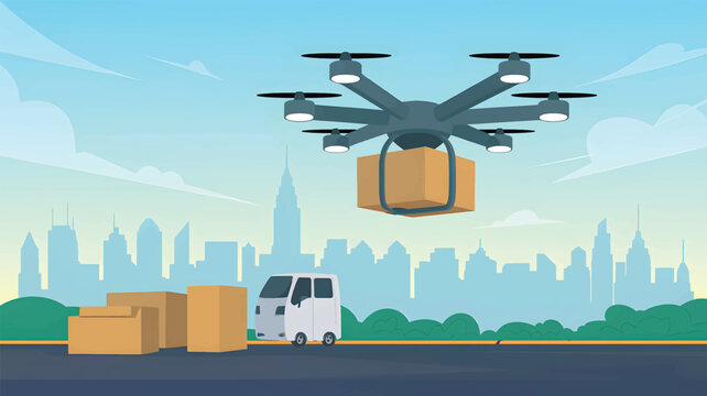Hexacopter drone carrying a cardboard package above a delivery van and city skyline, flat logistics