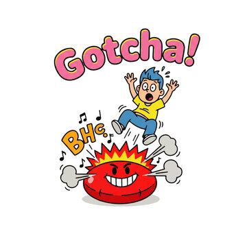 A cartoon boy jumping in surprise as a smiling red object explodes with a musical note and the words 'Gotcha!' and 'BHC' in a playful scene.