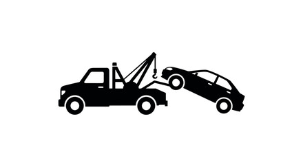 Naklejka premium Professional black silhouette of a tow truck towing a car. Perfect for roadside assistance, vehicle recovery, and automotive service designs.