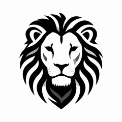 Obraz premium Stunning Black and White Flat Vector Illustration of a Majestic Male Lion Head with Tribal Mane Details, Minimalist Animal Portrait Mascot Isolated on White for Branding and Strength Concept