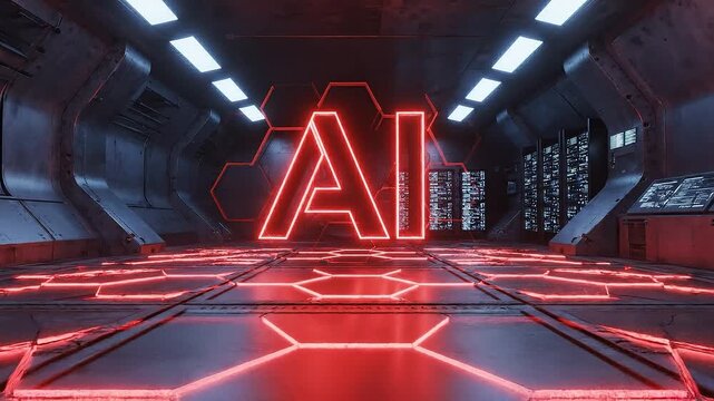 Futuristic ai logo animation with glowing hexagonal grid and dynamic lighting in sci fi tech