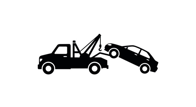 Professional black silhouette of a tow truck towing a car. Perfect for roadside assistance, vehicle recovery, and automotive service designs.
