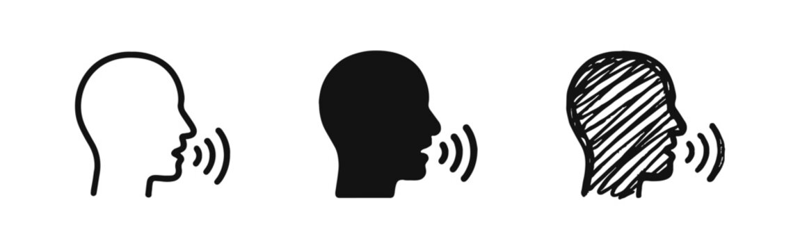 Speaking person icon set, voice command and audio communication symbol, line, silhouette and doodle styles