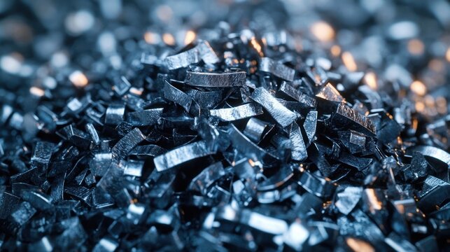 close-up pile of shiny blue metallic shavings and curled metal chips with a cold industrial gleam