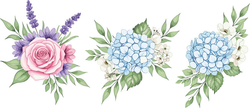 Floral bouquets collection with rose hydrangea and lavender arrangements elegant botanical vector illustration set isolated on white background