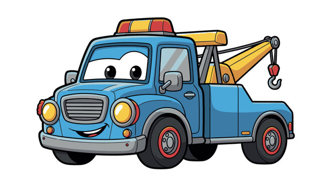 A cute and friendly blue cartoon tow truck with a smiling face, isolated on a white background. Perfect for children's educational content and automotive designs.