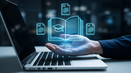 Obraz premium A hand interacts with a laptop displaying glowing virtual online education icons and digital learning documents