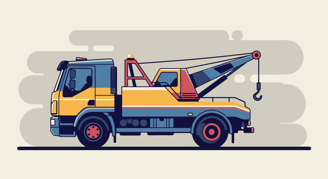 A clean and modern flat design vector illustration of a yellow and blue tow truck with a crane hook, ideal for roadside assistance and automotive services.
