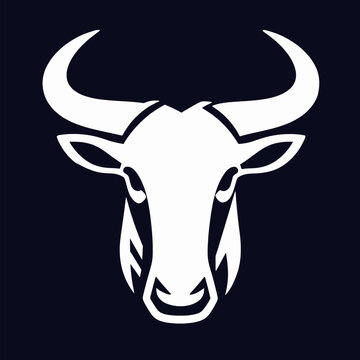 Minimalist flat vector illustration of a single white wildebeest head silhouette, bold tribal African gnu icon, powerful animal mascot isolated on dark background, wildlife nature concept.