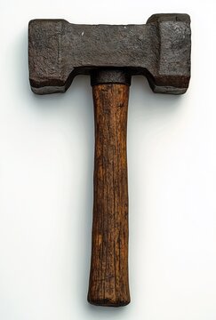 worn heavy sledgehammer with rusted double-faced head and weathered wooden handle conveying rugged industrial strength
