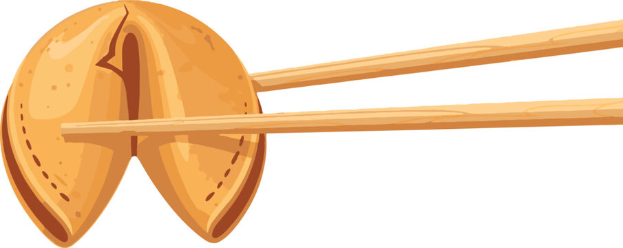 Detailed vector illustration of a traditional Chinese fortune cookie being held with wooden chopsticks, isolated on a white background. Perfect for food and cultural themes.