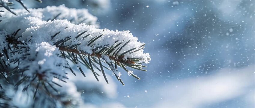 Snow covered pine branch winter needle snowfall frosty nature cold forest season background closeup scene with delicate gentle snow and peaceful atmosphere serene snowy holiday forest backdrop