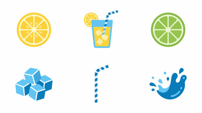 Colorful summer drink ingredients icons.