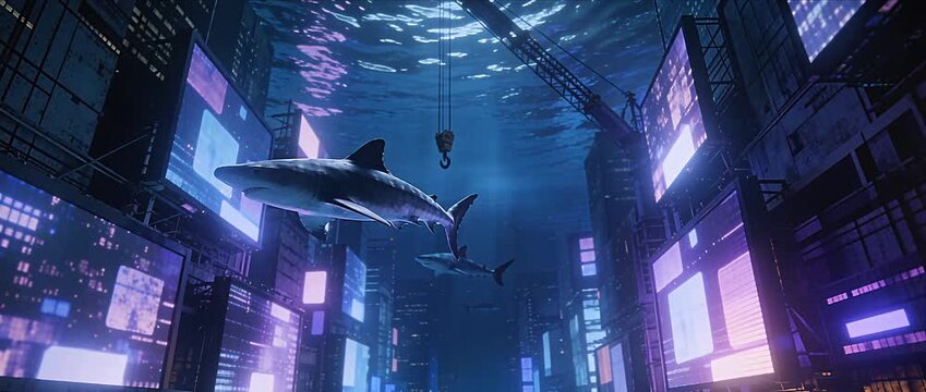Surreal fantasy futuristic underwater city with shark neon light cyberpunk urban skyline digital billboard crane hook glowing screens ocean seascape marine life technology reflections