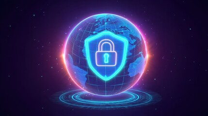 Fototapeta premium Futuristic Digital Globe with Neon Lock Symbol Illustrating Cybersecurity in a Vibrant, High-Tech Environment