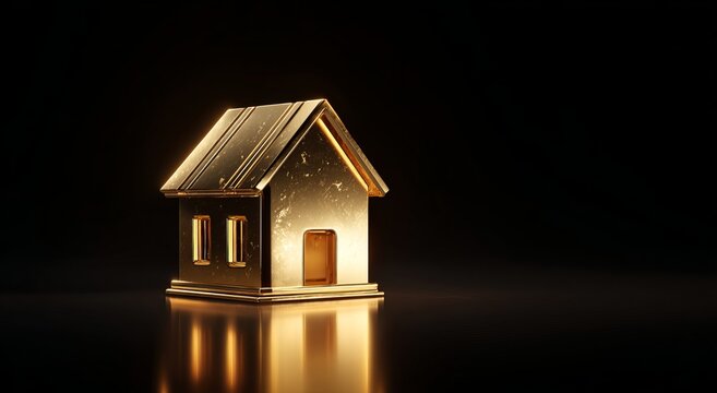 Golden house model on black background with reflection real estate investment luxury property concept 3D render