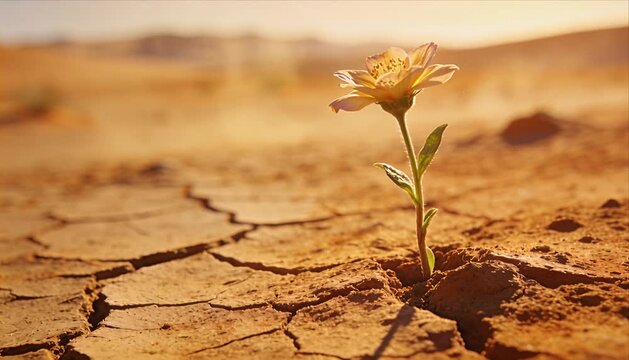 Desert cracked earth dry soil climate change global warming drought survival resilience hope fragile nature as yellow flower rises sprout breaking through cracked dry barren land warm sunset light