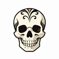 Fototapeta premium Vintage Flat Vector Illustration of a Single Ornamental Human Skull with Intricate Filigree and Flourishes, Minimalist Tattoo Flash Art Style with Copper and Charcoal Tones, Isolated on White