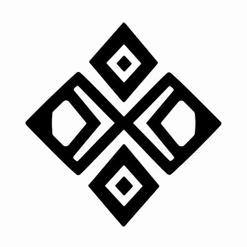 Minimalist Black Flat Vector Tribal Emblem with Symmetrical Geometric Patterns, Indigenous Inspired Diamond Shape Icon Isolated on White Background for Ethnic Graphic Design Concept