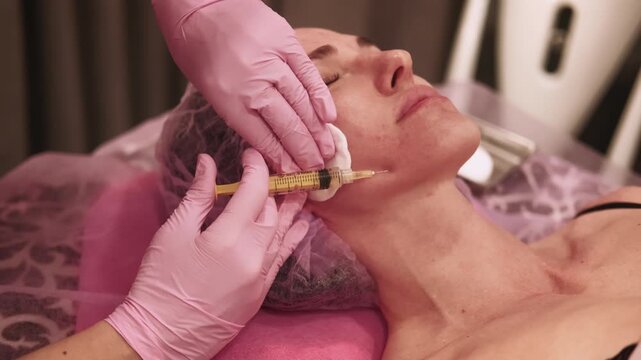 Injection skin. Aesthetic cosmetology. Beautician hand making botulinum toxin procedure for tightening smoothing wrinkles on woman face in salon.