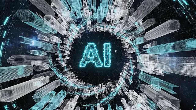 Glowing teal ai logo animation with rotating digital cityscape and futuristic data particles