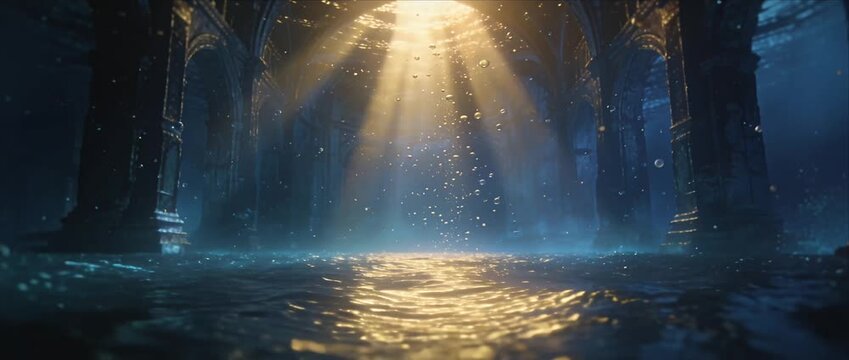 Fantasy underwater temple ruin mystical sunlight beam water ancient magic mysterious depth hall with light ray over ancient stone column glowing dust particle blue water wave dramatic gothic arch