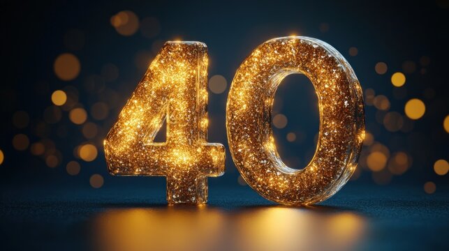 glittering golden number 40 illuminated by warm bokeh lights on a dark background, reflective surface, festive glamorous celebratory mood