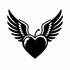 Fototapeta premium Black and White Flat Vector Illustration of a Single Winged Heart Symbolizing Love and Freedom, Isolated on White Background for Tattoo Design and Romantic Concepts